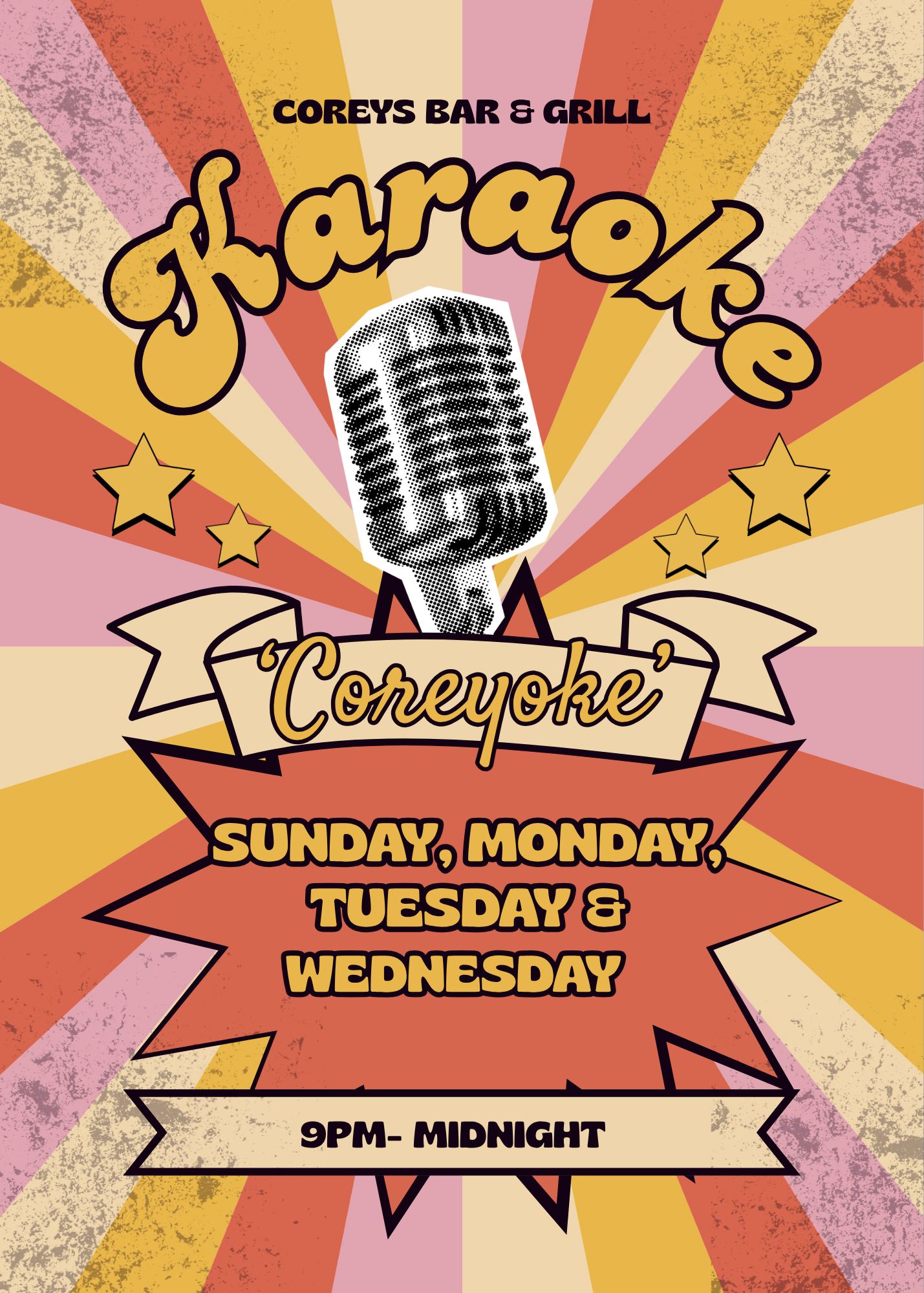 A vibrant, vintage-style poster for Corey’s Bar & Grill advertising karaoke nights from Sunday to Wednesday, 9 PM to midnight, featuring a retro microphone, stars, and colorful, radiating stripes.
