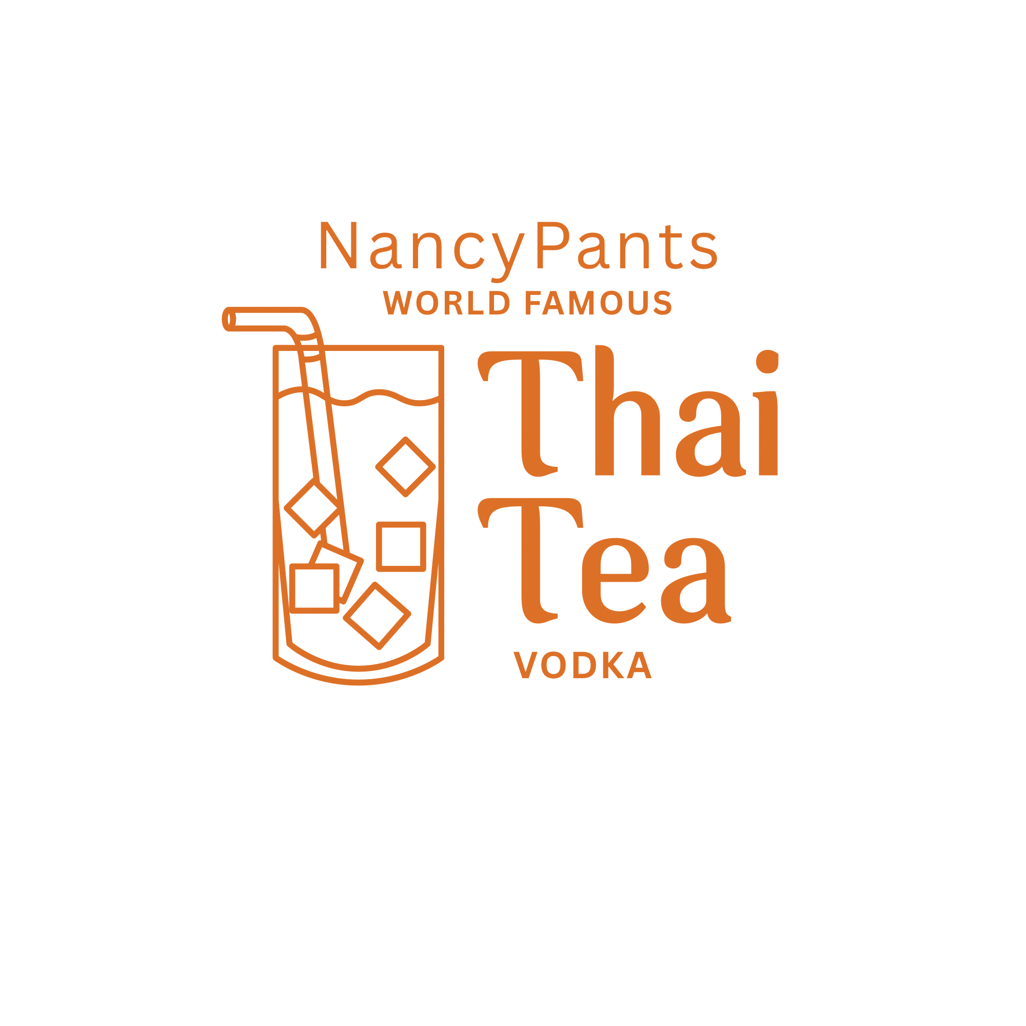 Illustration of a tall glass of Thai tea with ice and a straw, accompanied by text that reads "NancyPants World Famous Thai Tea Vodka".