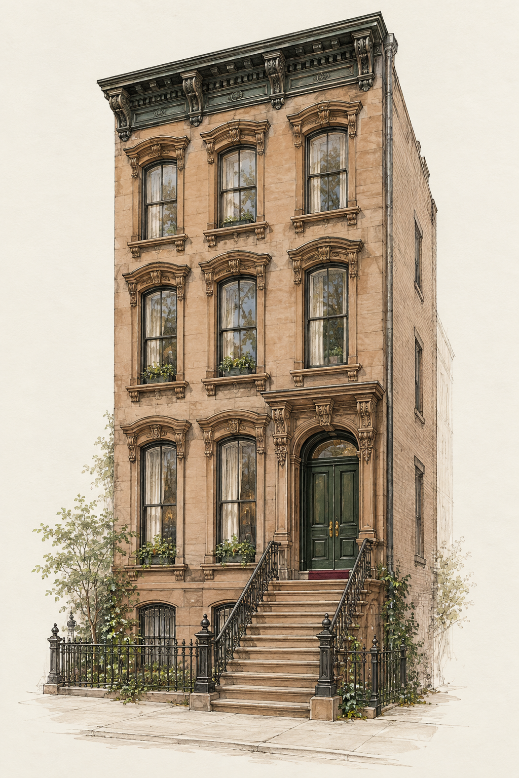 Architectural illustration of a Brooklyn brownstone