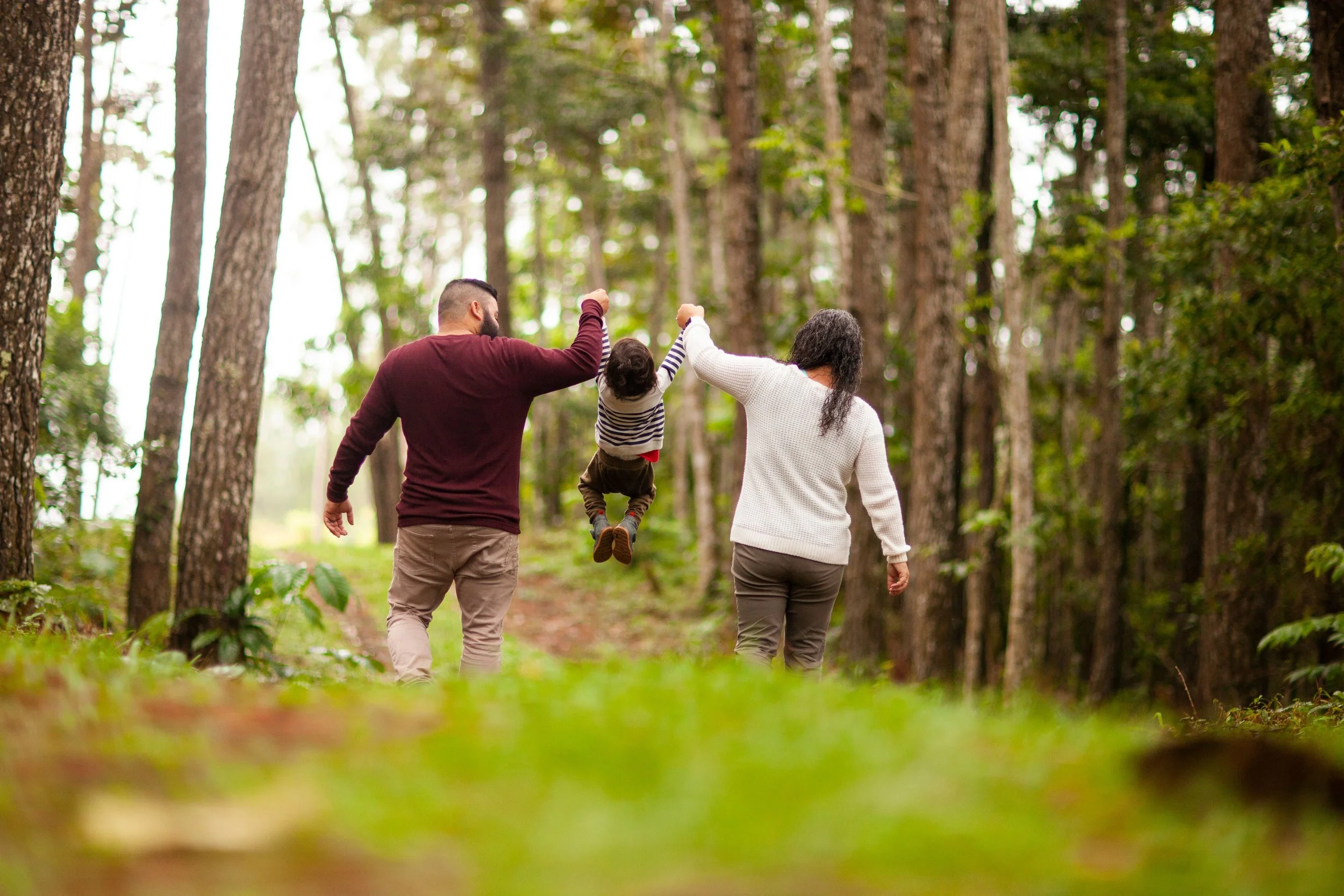 Famille se promenant dans une forêt, les parents tenant leur enfant par les mains