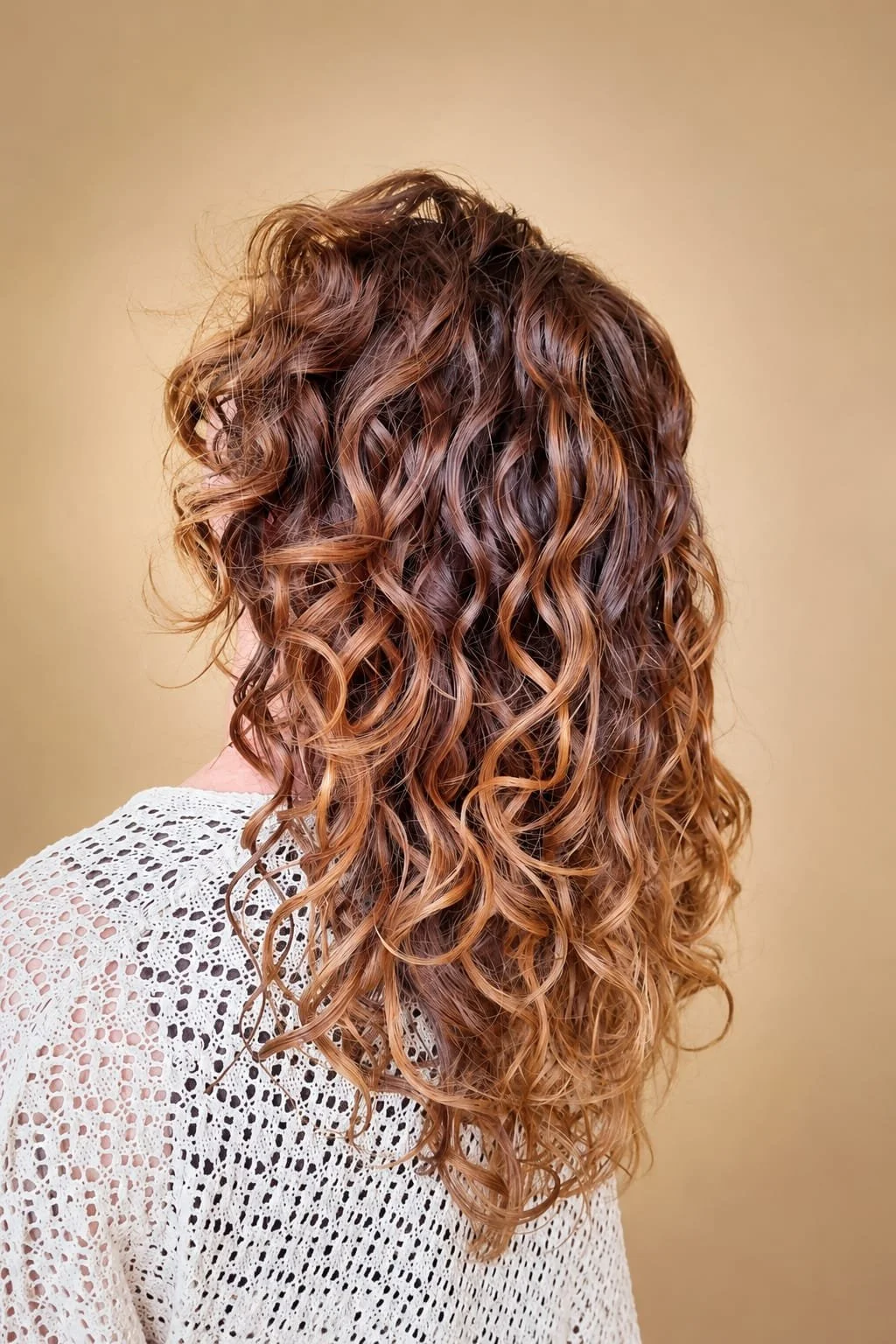 Cheveux longs, bouclés et auburn de la personne vue de dos, portant un vêtement en crochet blanc.