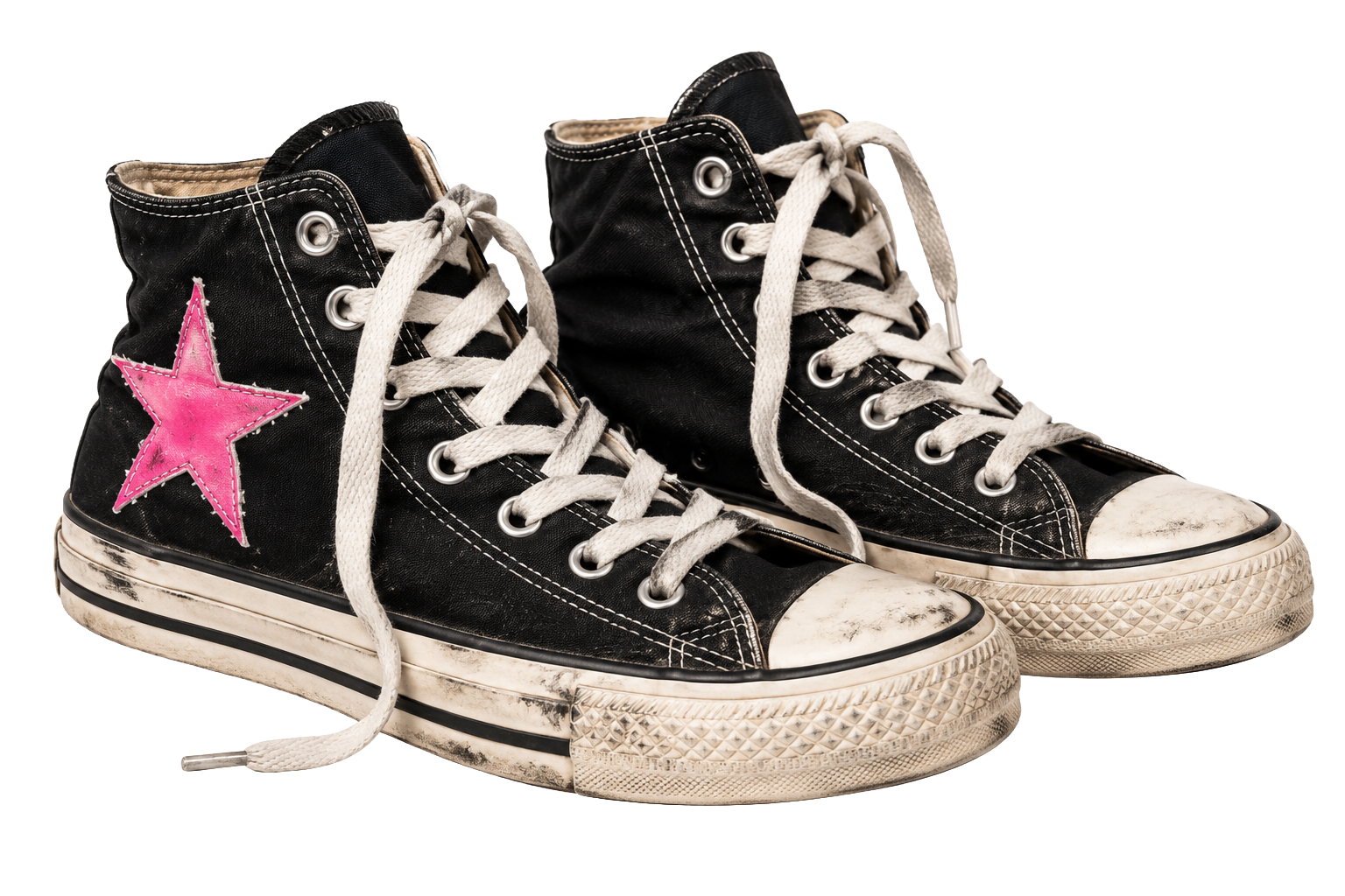 A pair of black high-top Converse sneakers with a pink star on the side, showing signs of wear and dirt, with white laces and rubber soles.