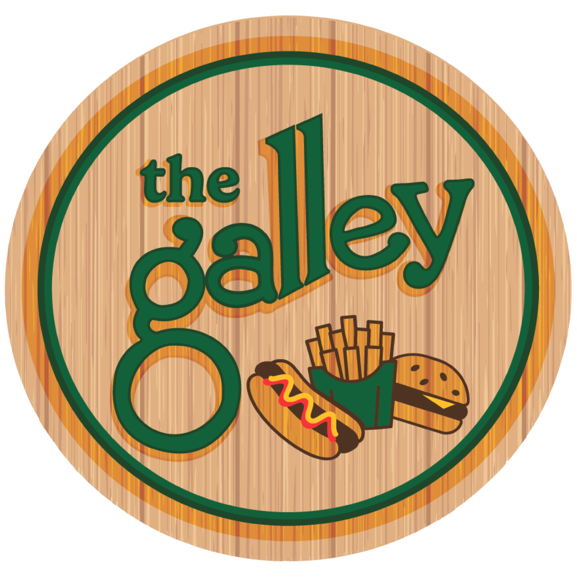 Vintage wooden sign reading “the galley,” decorated with a hot dog, fries, and burger.