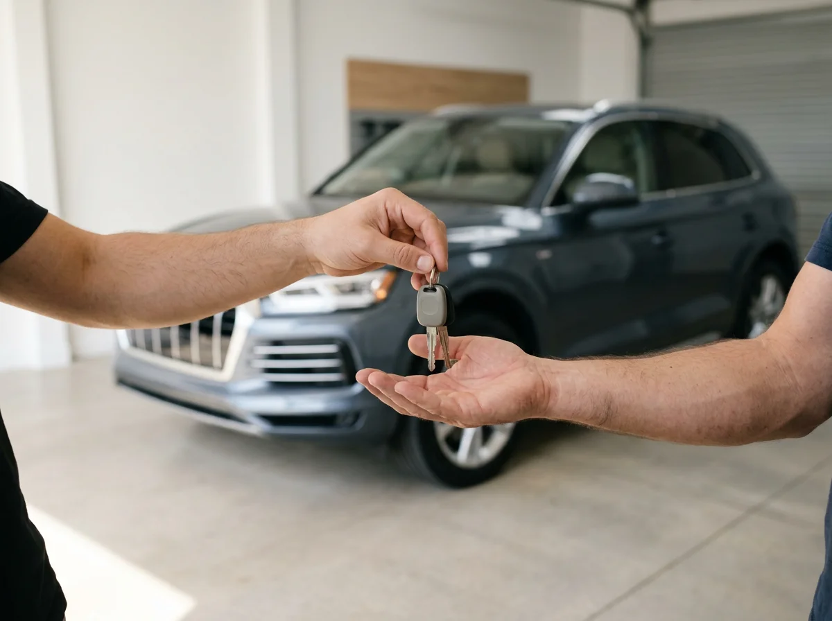 Car keys being handed over in front of a dark blue SUV at a dealership