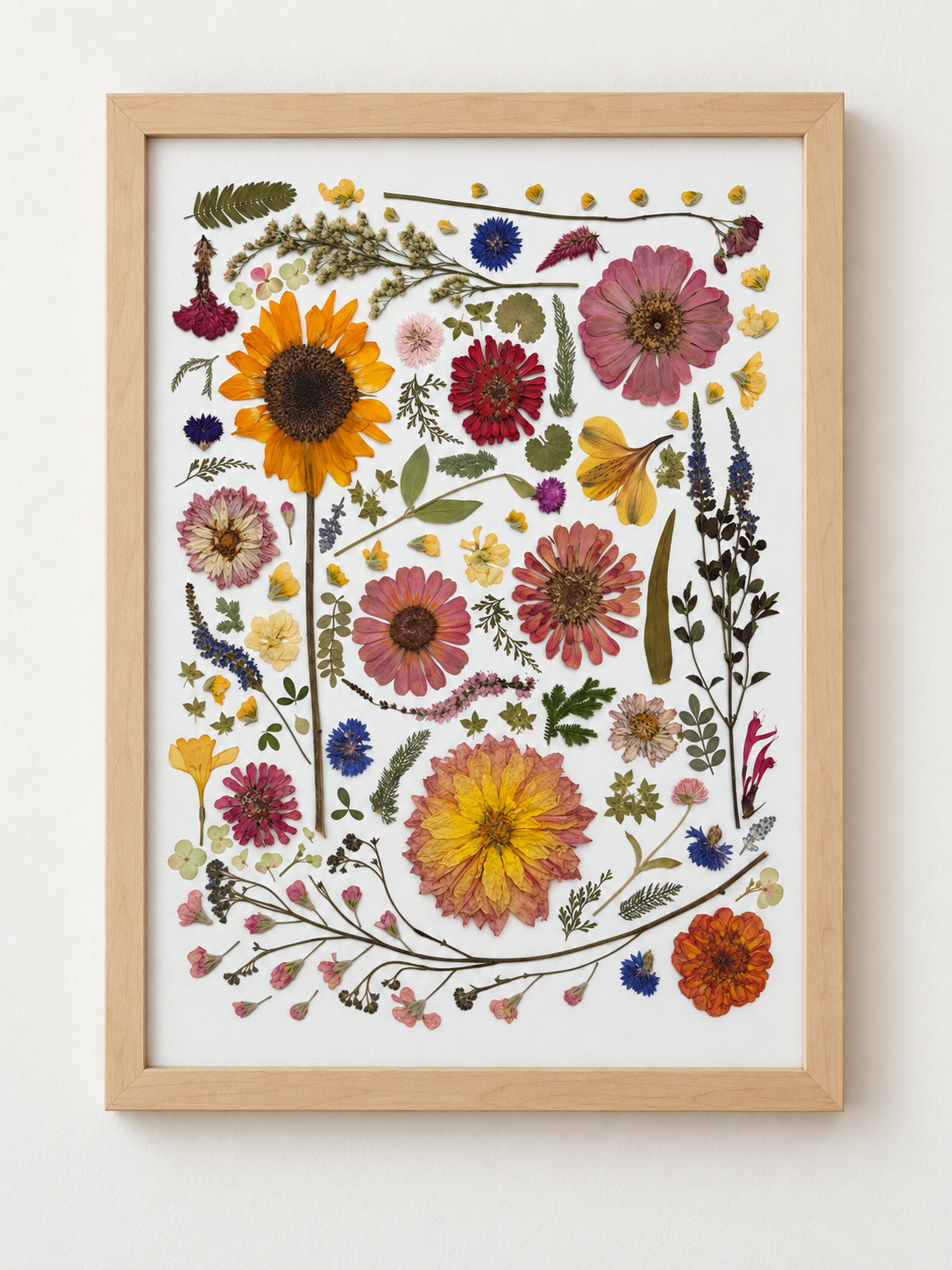 View of a botanical collage featuring a collection of flowers and foliage in shades pinks, yellows, blues, and greens, framed in a light-colored wooden frame.