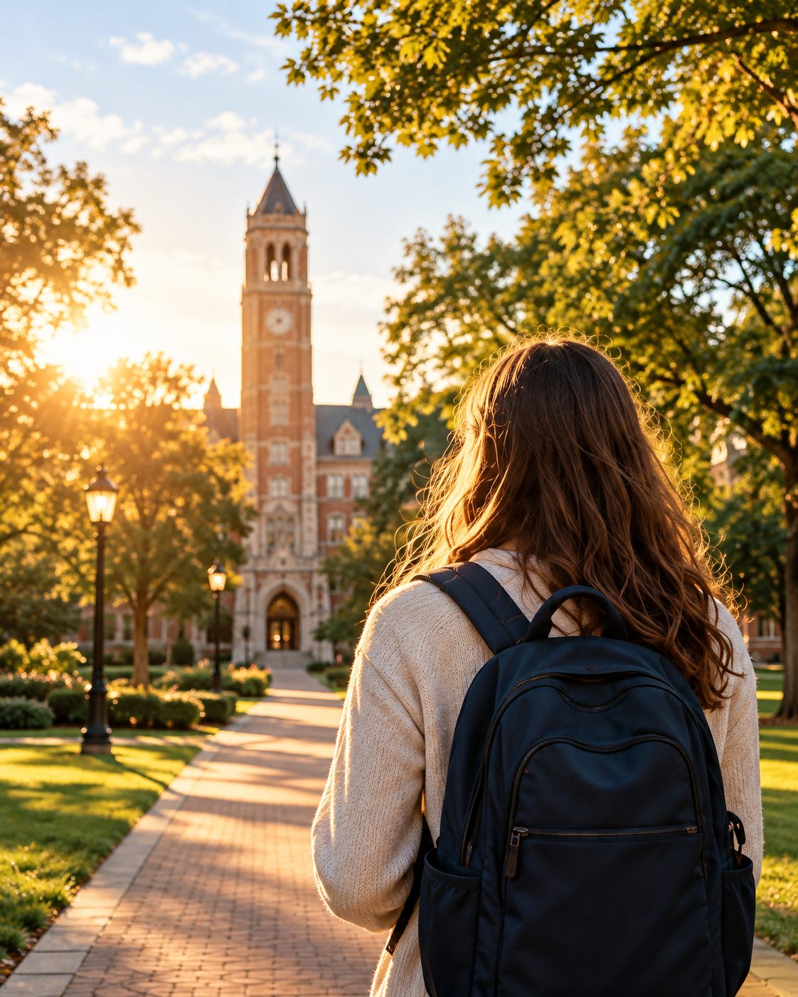 Student with a navy backpack looking toward a sunlit college campus