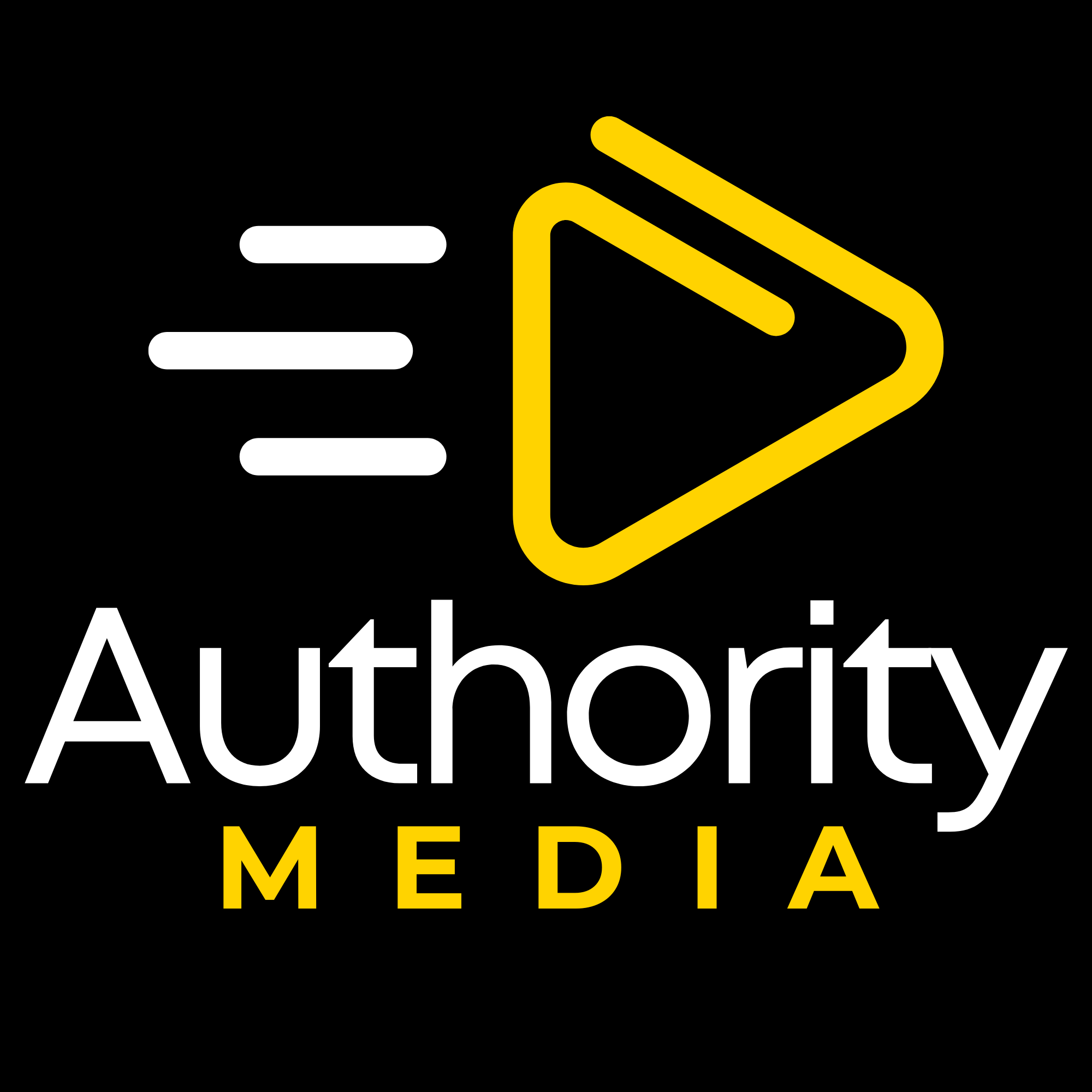 Authority Media logo featuring a yellow play button icon, white speed lines, and the words “Authority MEDIA” on a black background