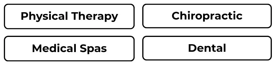 Four labeled buttons for Physical Therapy, Chiropractic, Medical Spas, and Dental services.