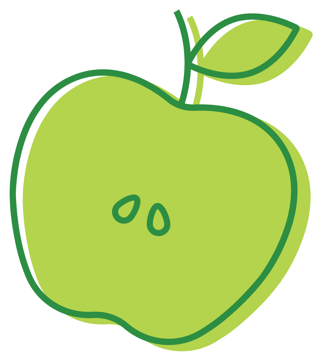 Illustration of a green apple with a leaf, simplified cartoon style.