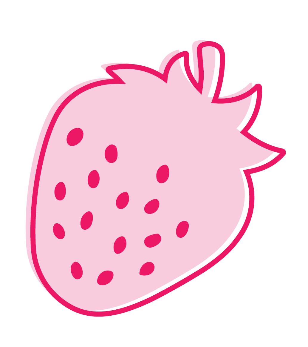 Cartoon pink strawberry with seeds and green leaves.