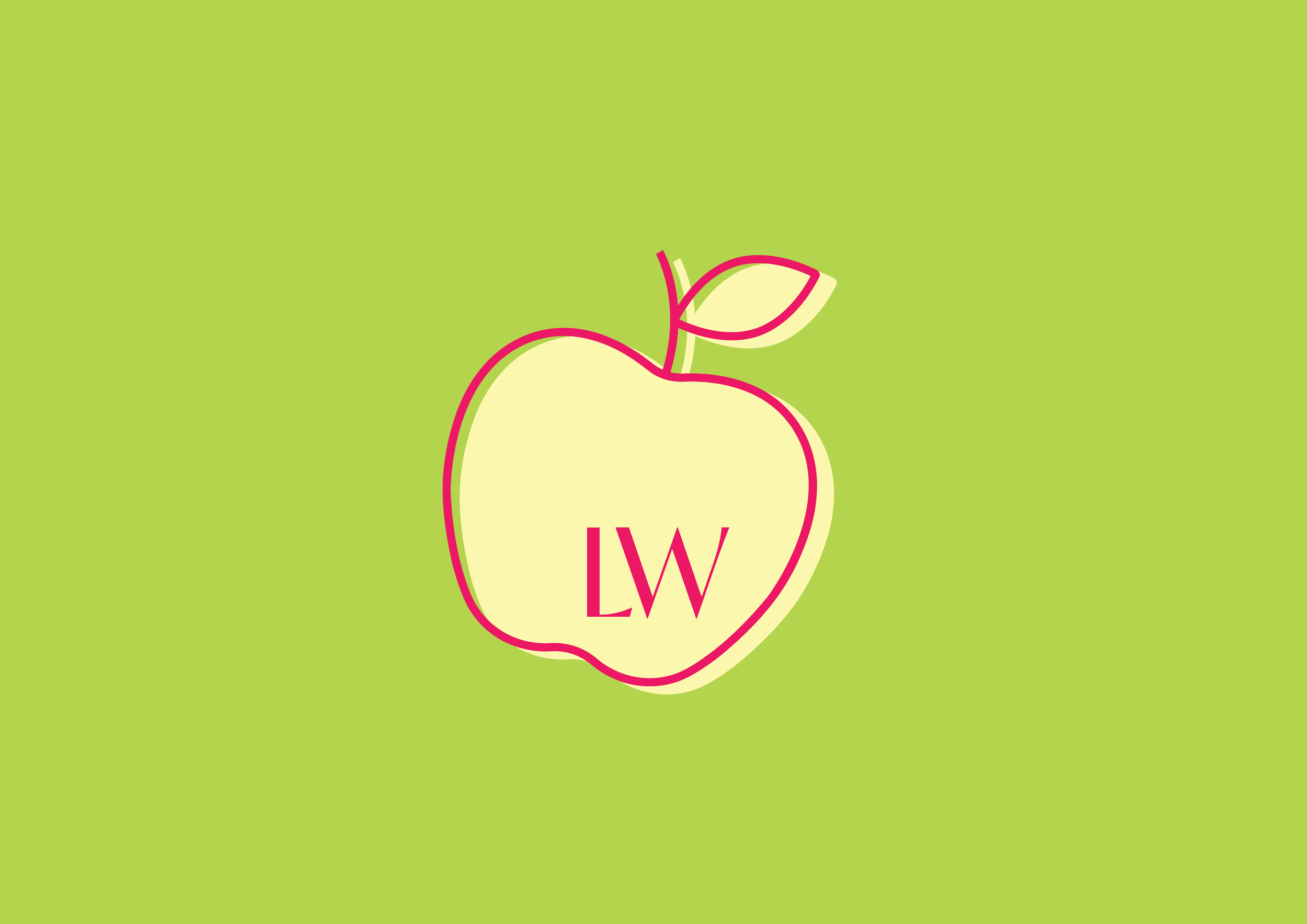 A digital illustration of an onion with a pink outline, a single leaf, and the letter 'W' inside, set against a lime green background.