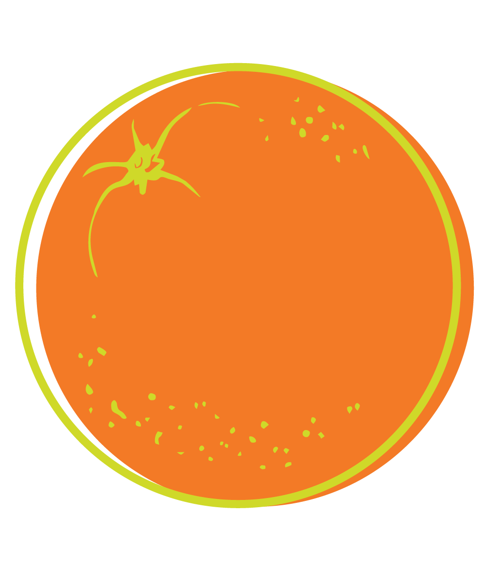 A digital illustration of an orange with a green outline and small details in green, depicting the surface texture and a small green star-shaped stem at the top