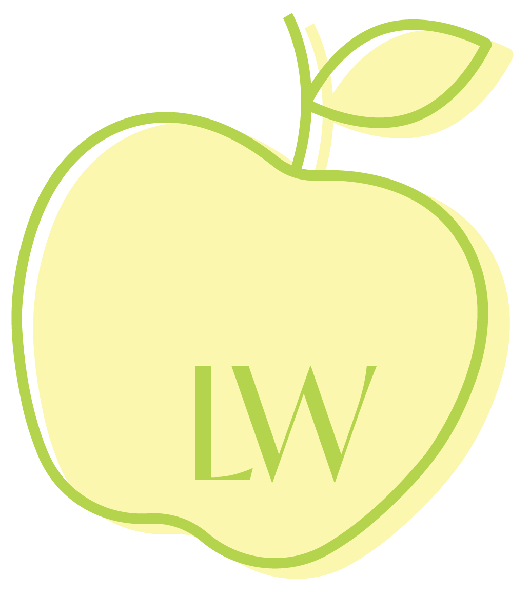 A stylized, light green apple with a darker green outline, a leaf and stem, and the initials 'LW' in the center.