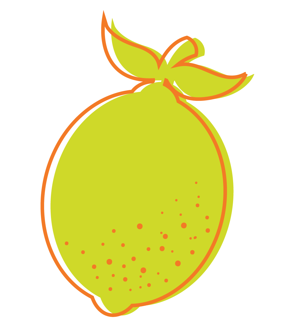 Digital illustration of a lime with leaves on top, outlined in orange, with small orange dots on the fruit.