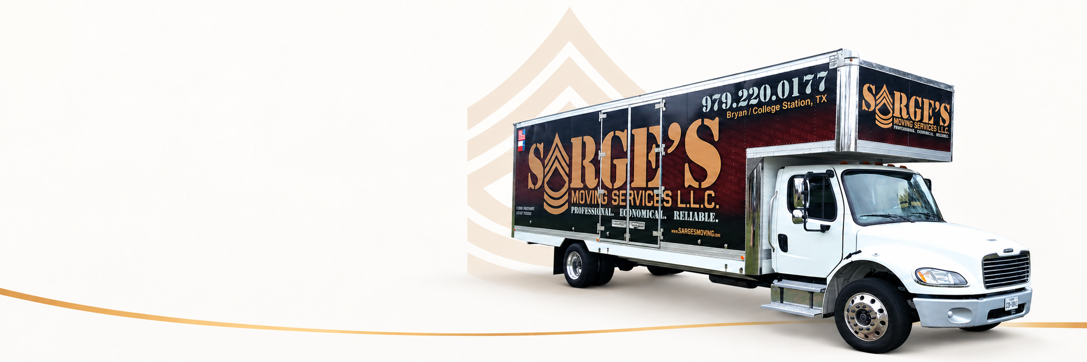 Sarge’s Moving Services truck with gold sergeant stripes in Bryan–College Station