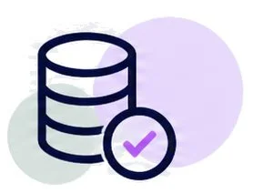 Icon of stacked disks with a checkmark, representing data migration and management