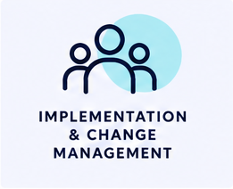 Logo with three stylized human figures connected by a curved line, and a light blue circle in the background, with text that reads 'Implementation & Change Management'.