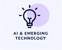 Lightbulb icon above the text 'AI & Emerging Technology' on a white background with purple circular accent