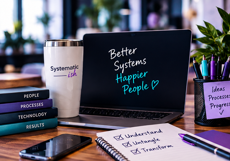 Laptop with a screen displaying 'Better Systems, Happier People' surrounded by notebooks, pens, a smartphone, a tumbler labeled 'Systematic ish,' and a container with sticky notes that say 'Ideas, Processes, Progress,' on a wooden desk in a well-lit workspace.