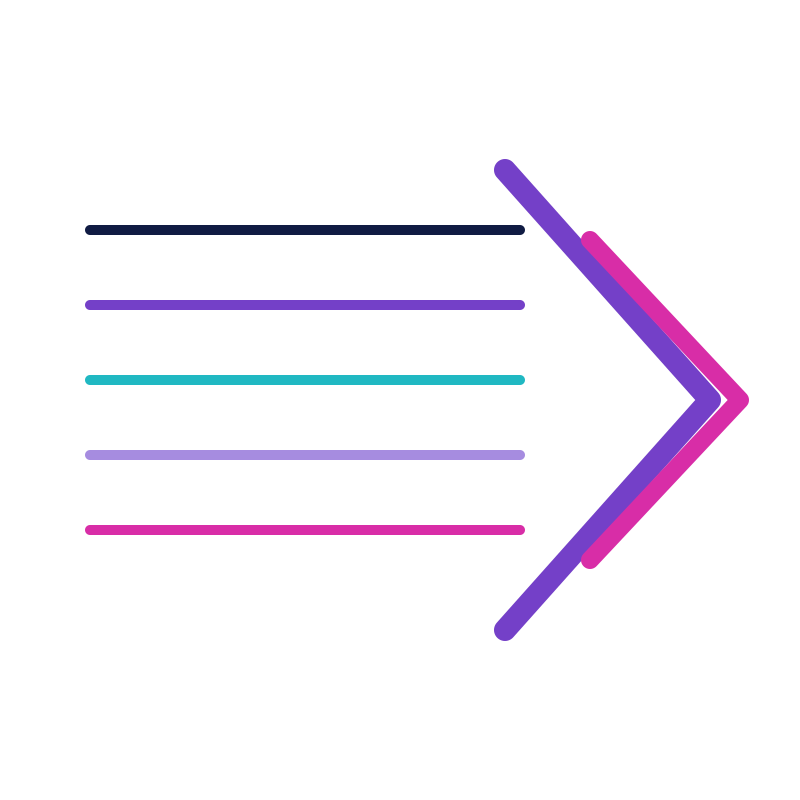 Colorful bar graph with four vertical bars in purple, blue, cyan, and pink, increasing in height from left to right, with a pink upward arrow indicating growth, surrounded by colorful spheres.