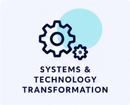 Graphic of interconnected gears with the text 'Systems & Technology Transformation' underneath.