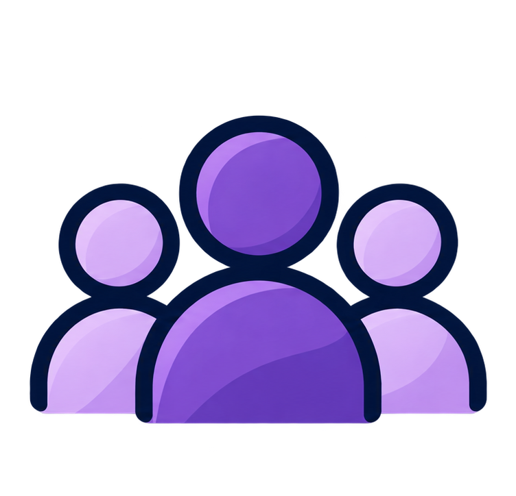 Icon of three stylized human figures in shades of purple, representing a group or community.