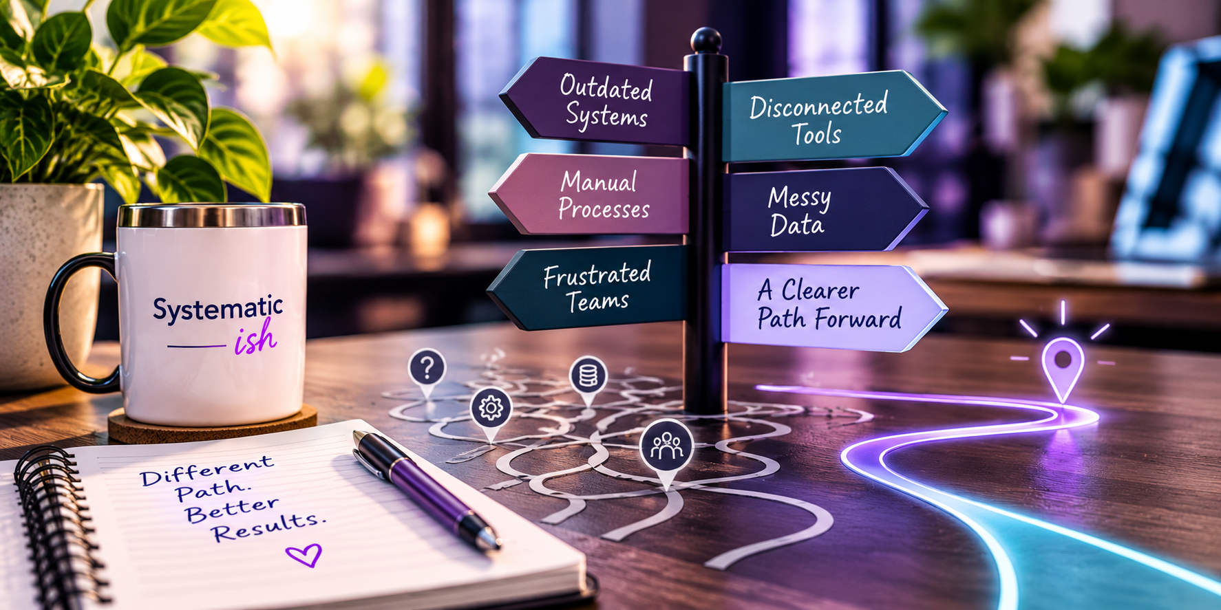 Colorful signpost with phrases like 'Outdated Systems,' 'Manual Processes,' 'Frustrated Teams,' 'Disconnected Tools,' 'Messy Data,' and 'A Clearer Path Forward' on a desk. A notebook with the note 'Different Path. Better Results.' and a pen are in the foreground. A potted plant and a white mug with the words 'Systematic ish' are also on the desk.