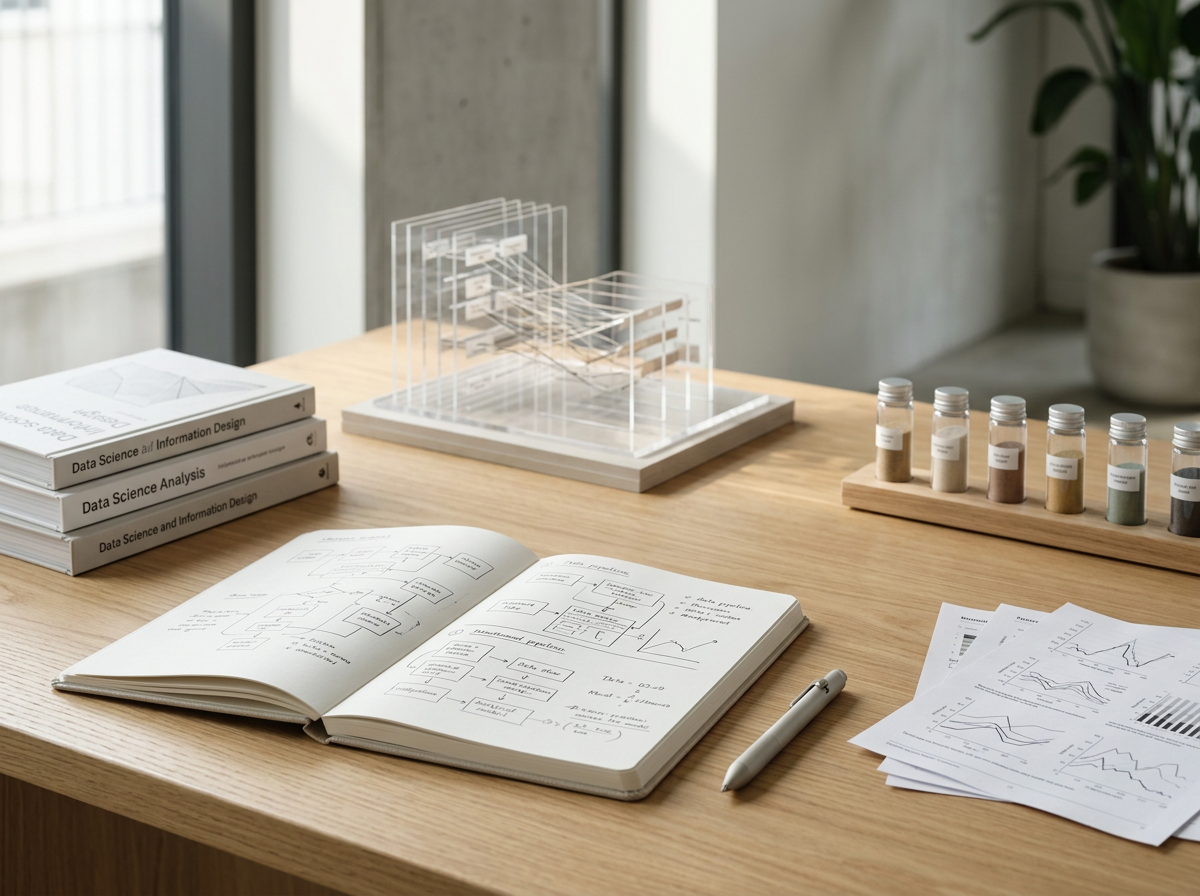 Study desk with books, charts, sketches, a pen, test tubes with powders, and a scale model.
