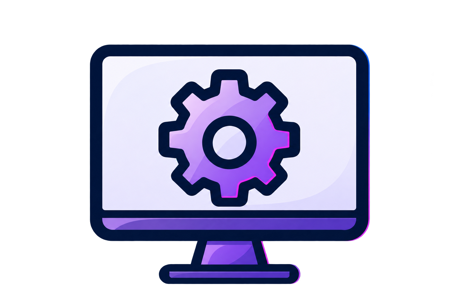 Illustration of a computer monitor displaying a gear icon, symbolizing settings or system configuration, with a modern digital design in shades of purple and white.