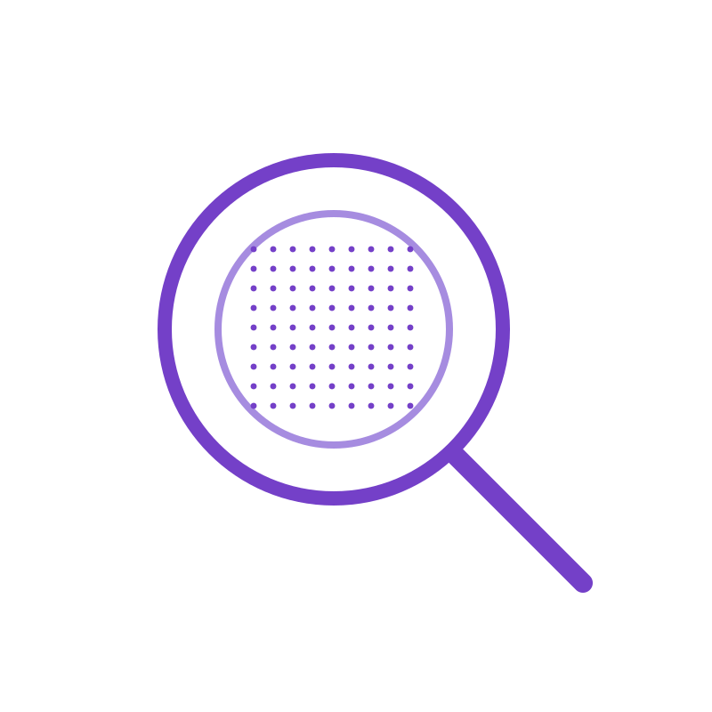 Magnifying glass focusing on a colorful bar graph with increasing bars in blue, purple, and pink, surrounded by floating spheres in purple and blue.