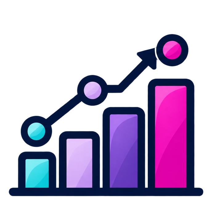 A colorful bar chart with four bars of increasing height, connected by an upward trending line with circular data points.
