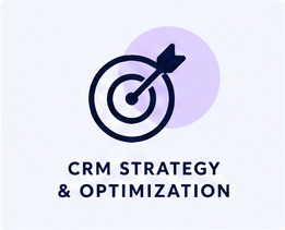 Target with arrow hitting the bullseye, above the text 'CRM Strategy & Optimization'