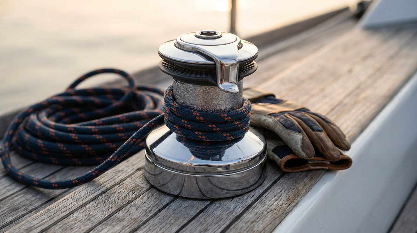 Marine winch and coiled rope on a teak deck.