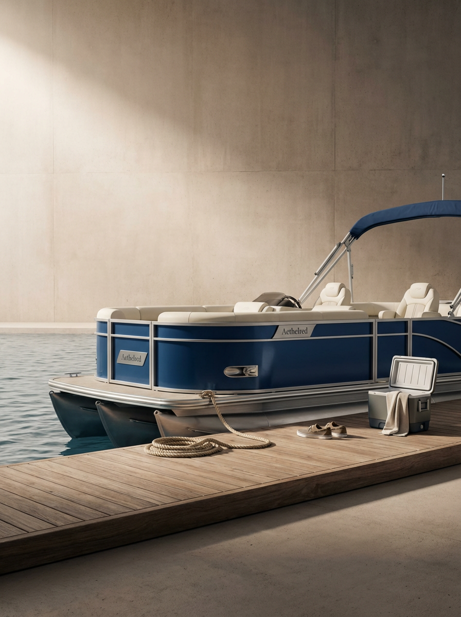 Blue pontoon boat moored beside a wooden dock.
