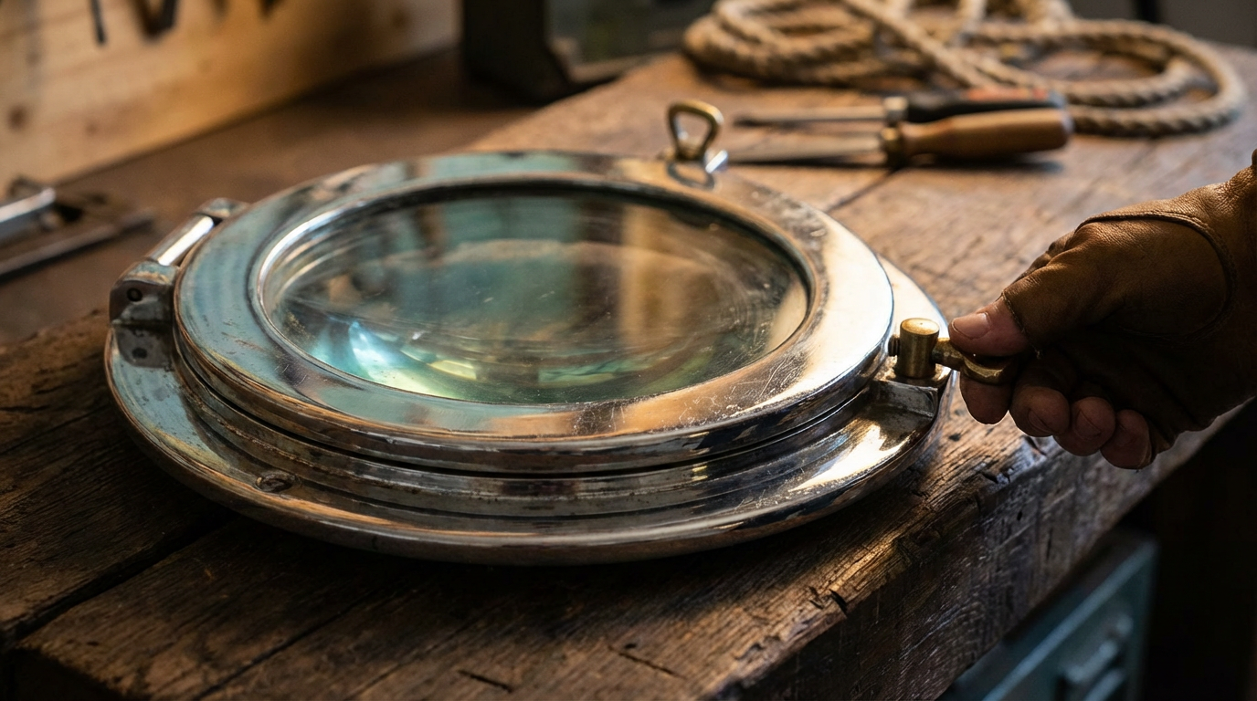 Polished metal marine porthole on a wooden workbench.