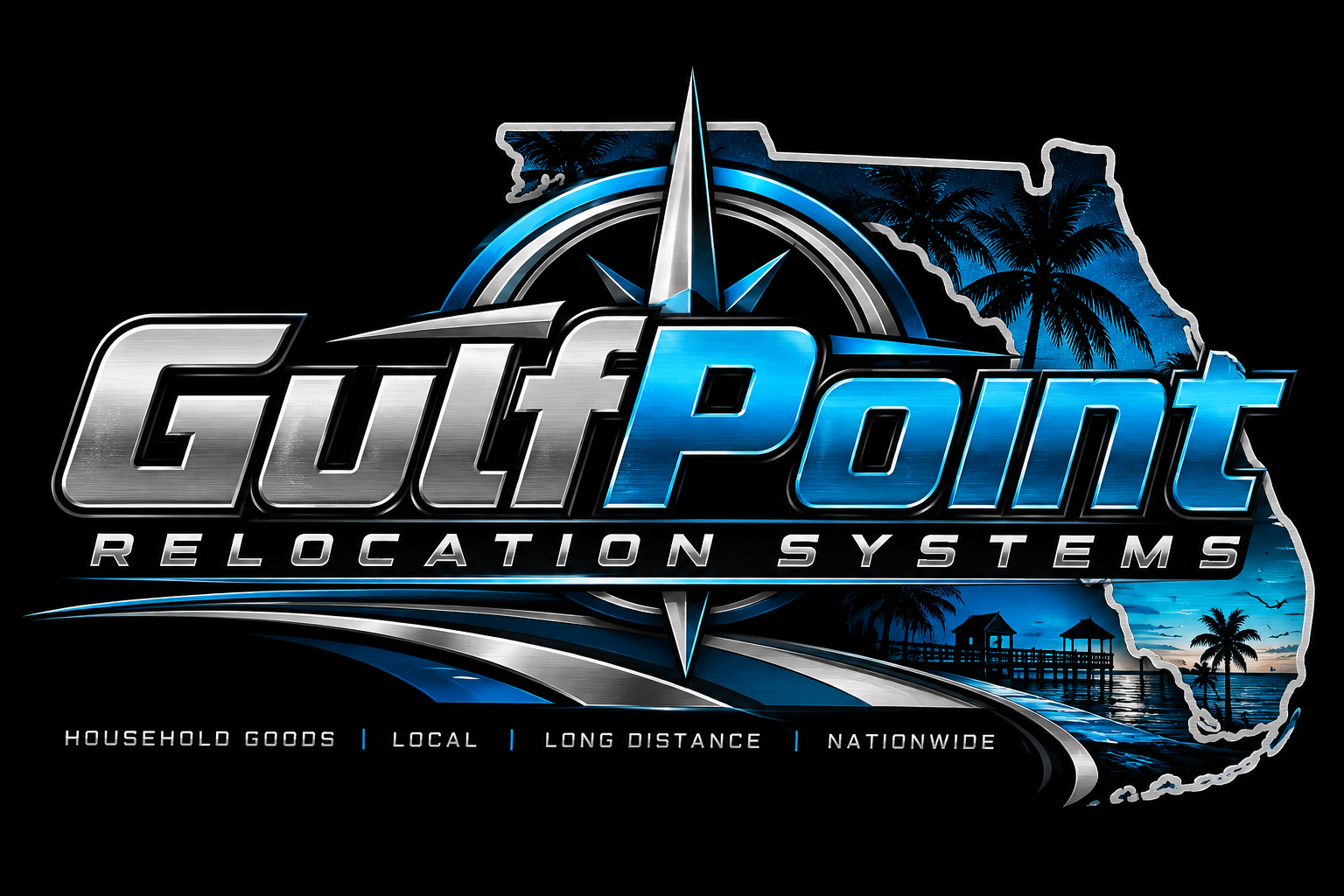 Logo for GulfPoint Relocation Systems featuring a map of Florida with a tropical beach scene, palm trees, and a pier, with blue and silver accents.