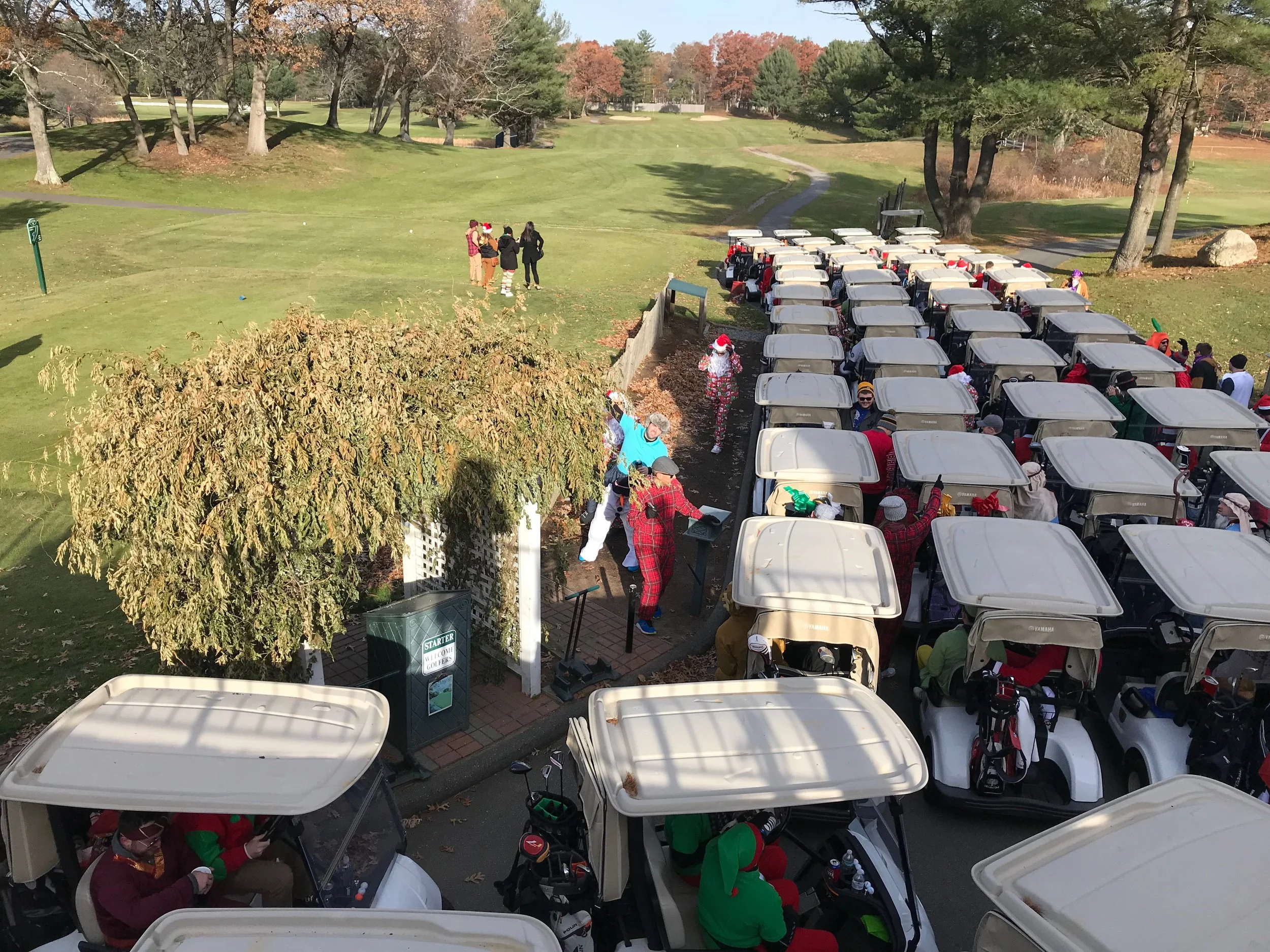 Golfers in festive costumes gather beside rows of golf carts on an autumn golf course.