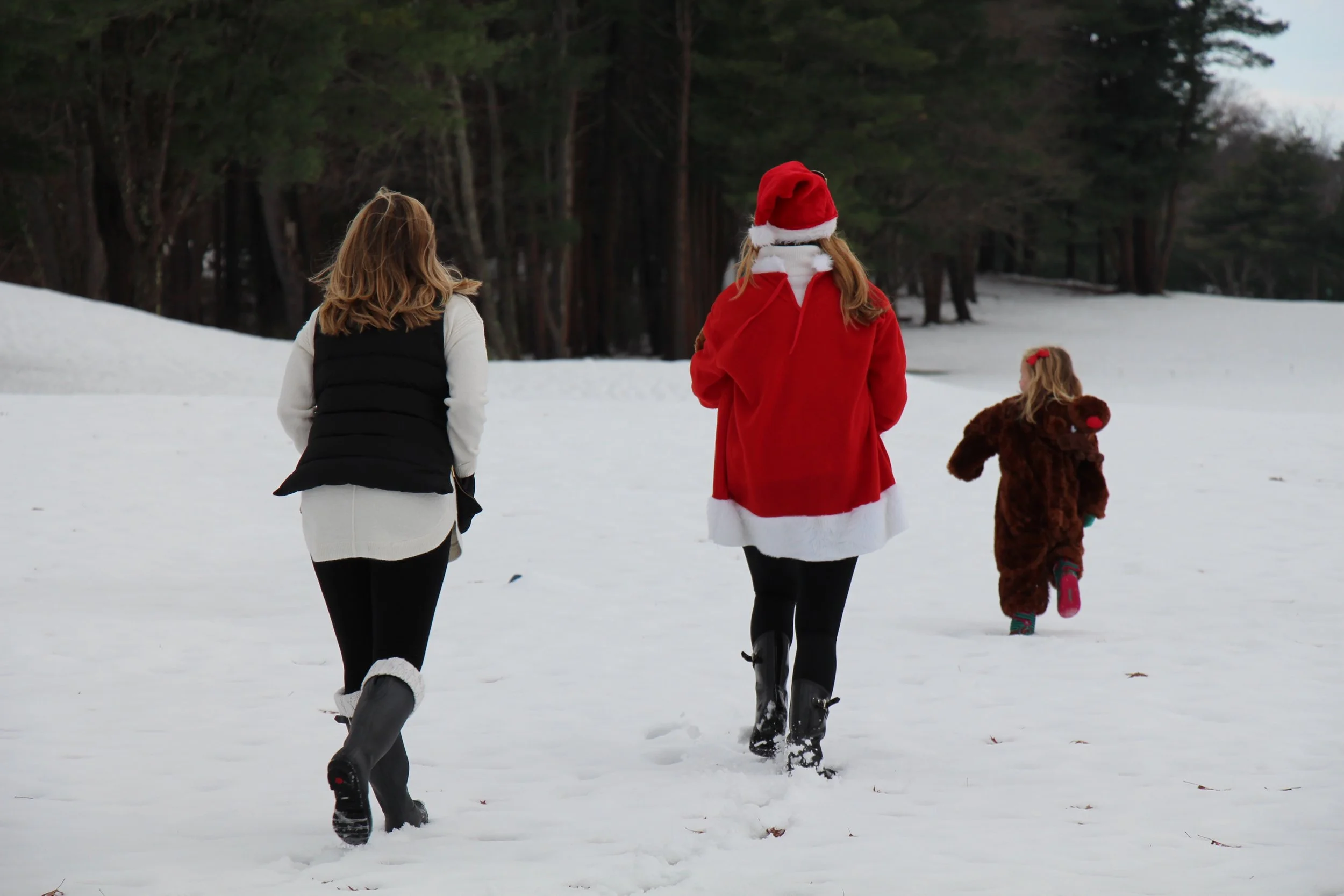 Two women and a child walk through a snowy forest, with one woman dressed as Santa Claus.