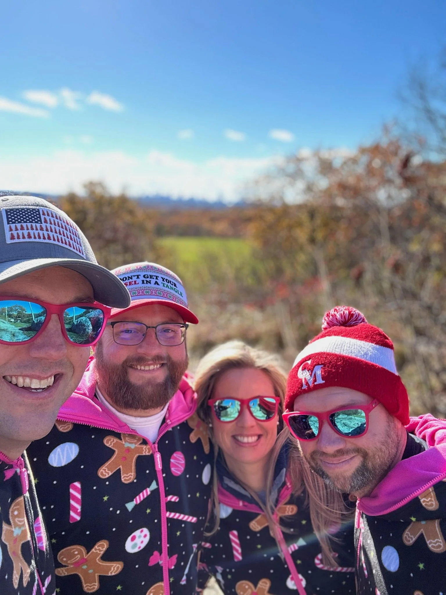 Four friends wearing festive gingerbread-print outfits, colorful sunglasses, and winter hats pose for a sunny outdoor selfie.