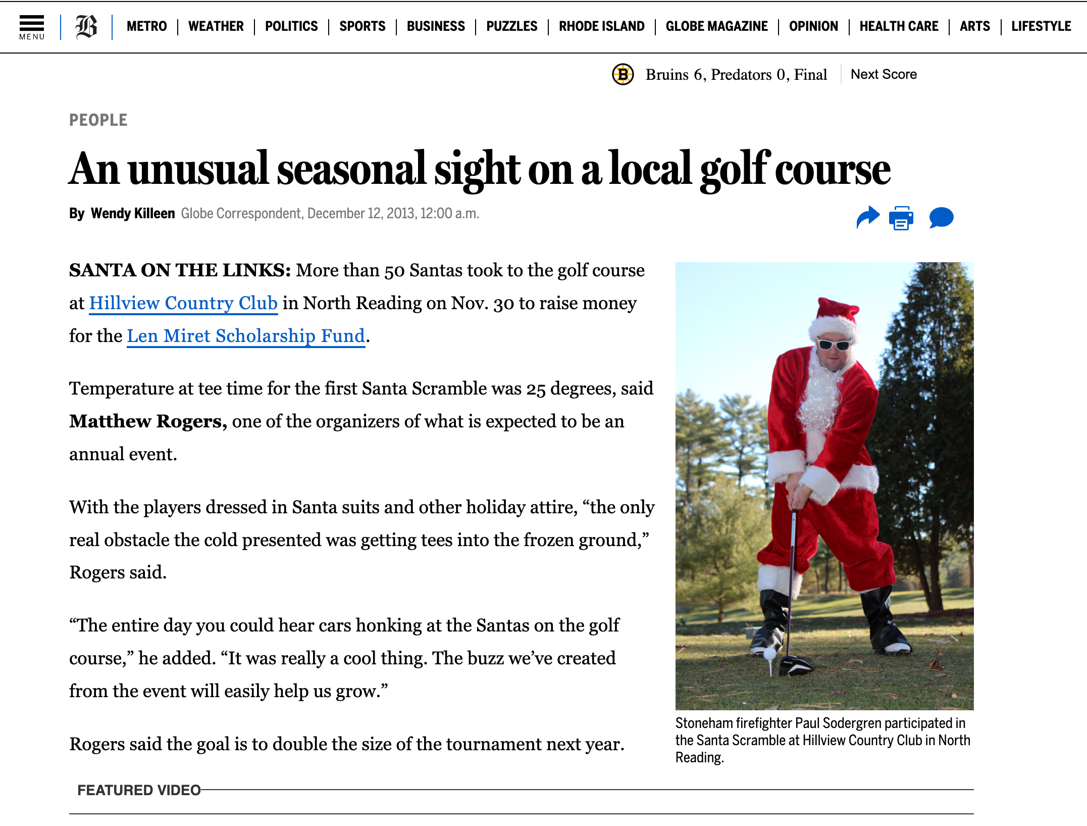Newspaper article about a Santa golf scramble, featuring a golfer dressed as Santa putting on a golf course.