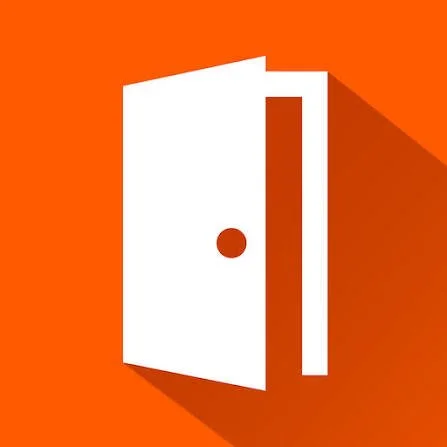 Icon of a white door with a doorknob on an orange background.