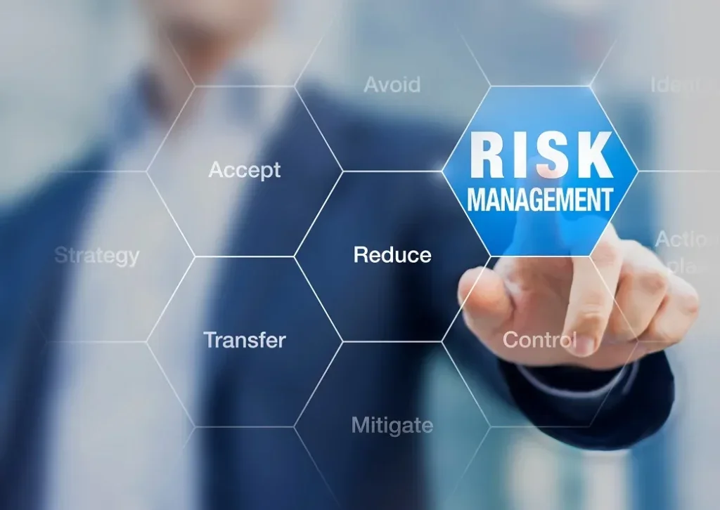 A person in a suit pointing at a digital infographic about risk management, which includes terms like Accept, Reduce, Transfer, Mitigate, and Control.