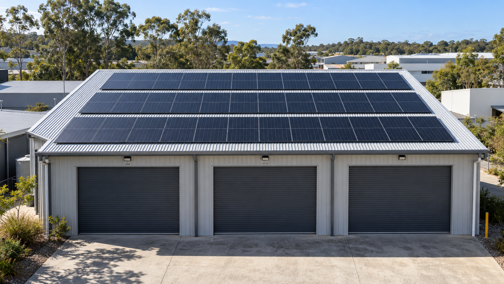 Rooftop solar panels on a Queensland workshop
