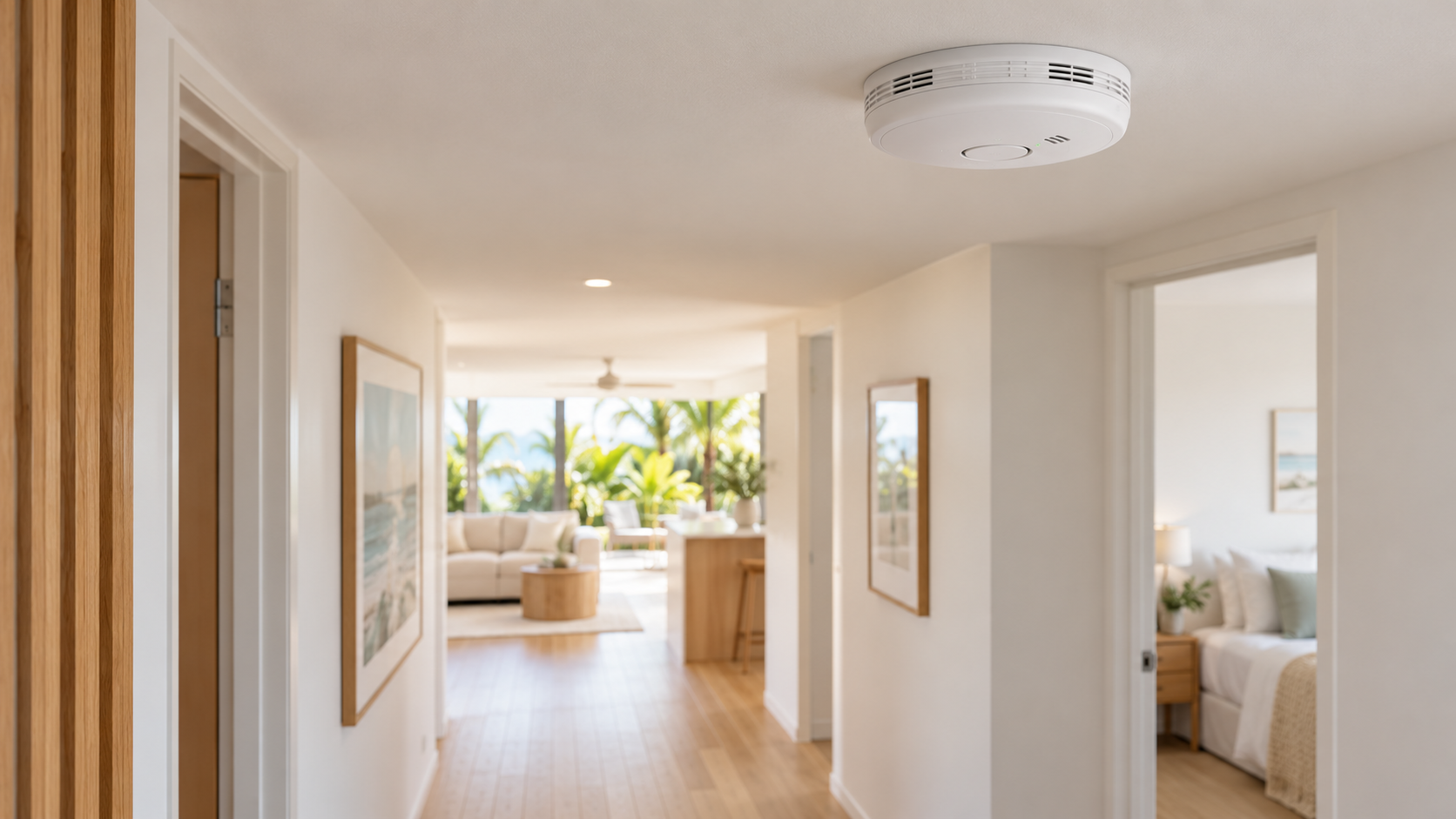 Ceiling-mounted smoke alarm in a coastal-style Queensland home
