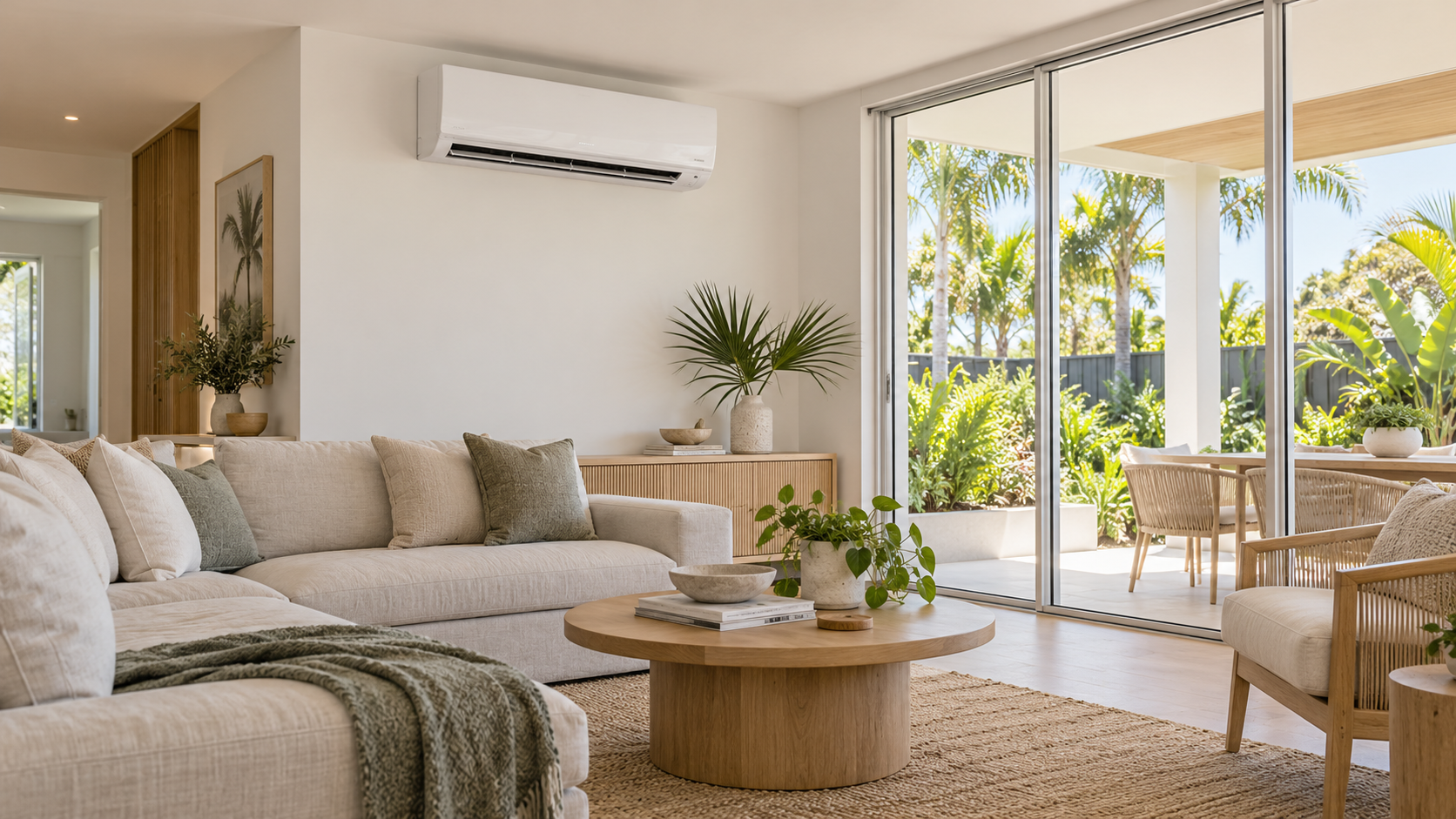 Coastal Queensland-style living room with wall-mounted split-system air conditioning