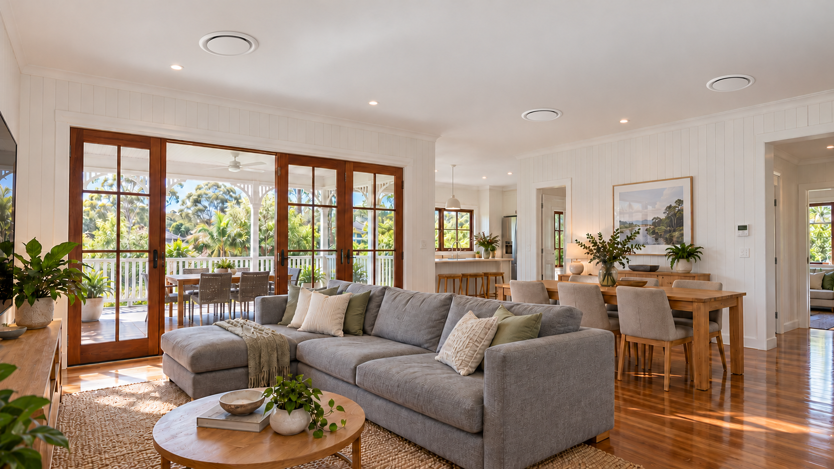 Ducted air conditioning ceiling diffusers in a Queensland living room