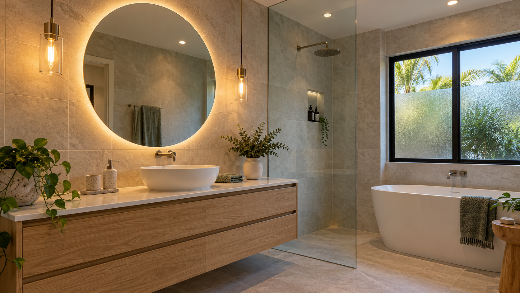 Warm bathroom lighting with pendant lights, downlights and illuminated mirror