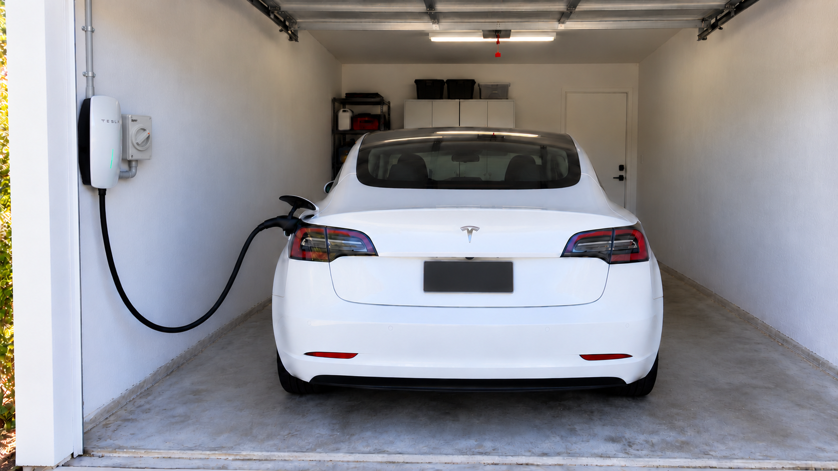 Tesla charging in a garage with wall connector and isolator