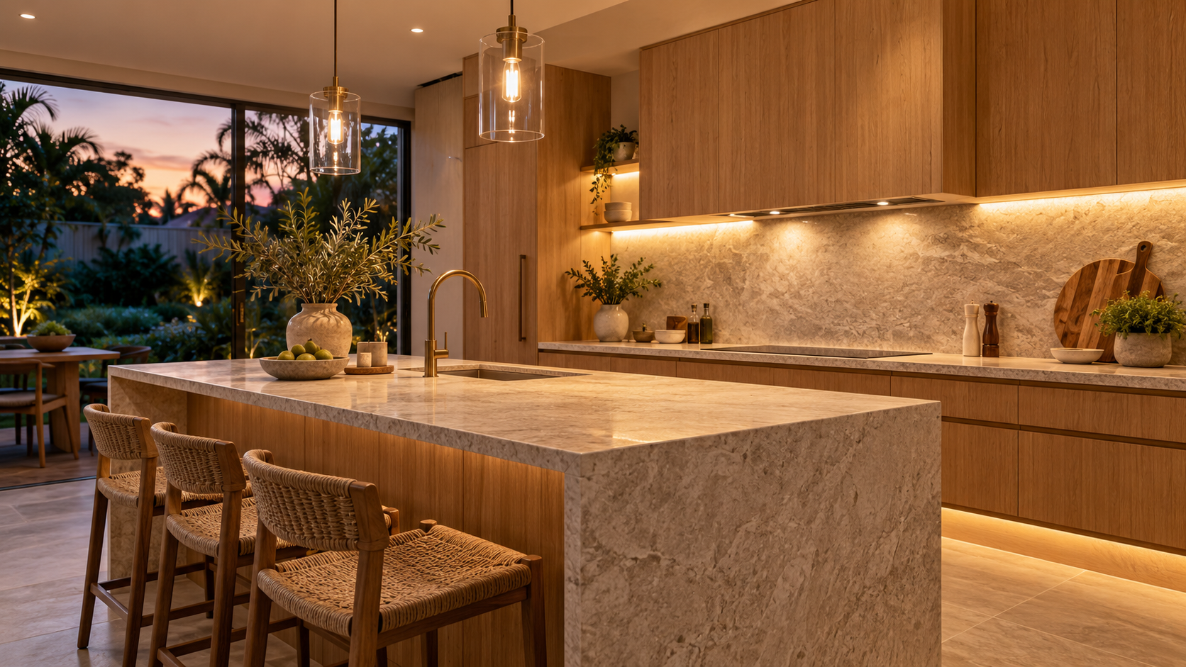 Contemporary kitchen with pendant lights, downlights and warm under-cabinet lighting