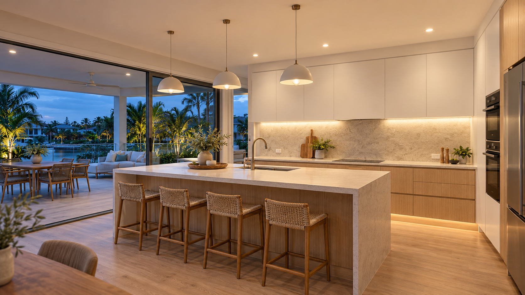 Modern coastal kitchen with pendant, downlight and feature lighting at dusk